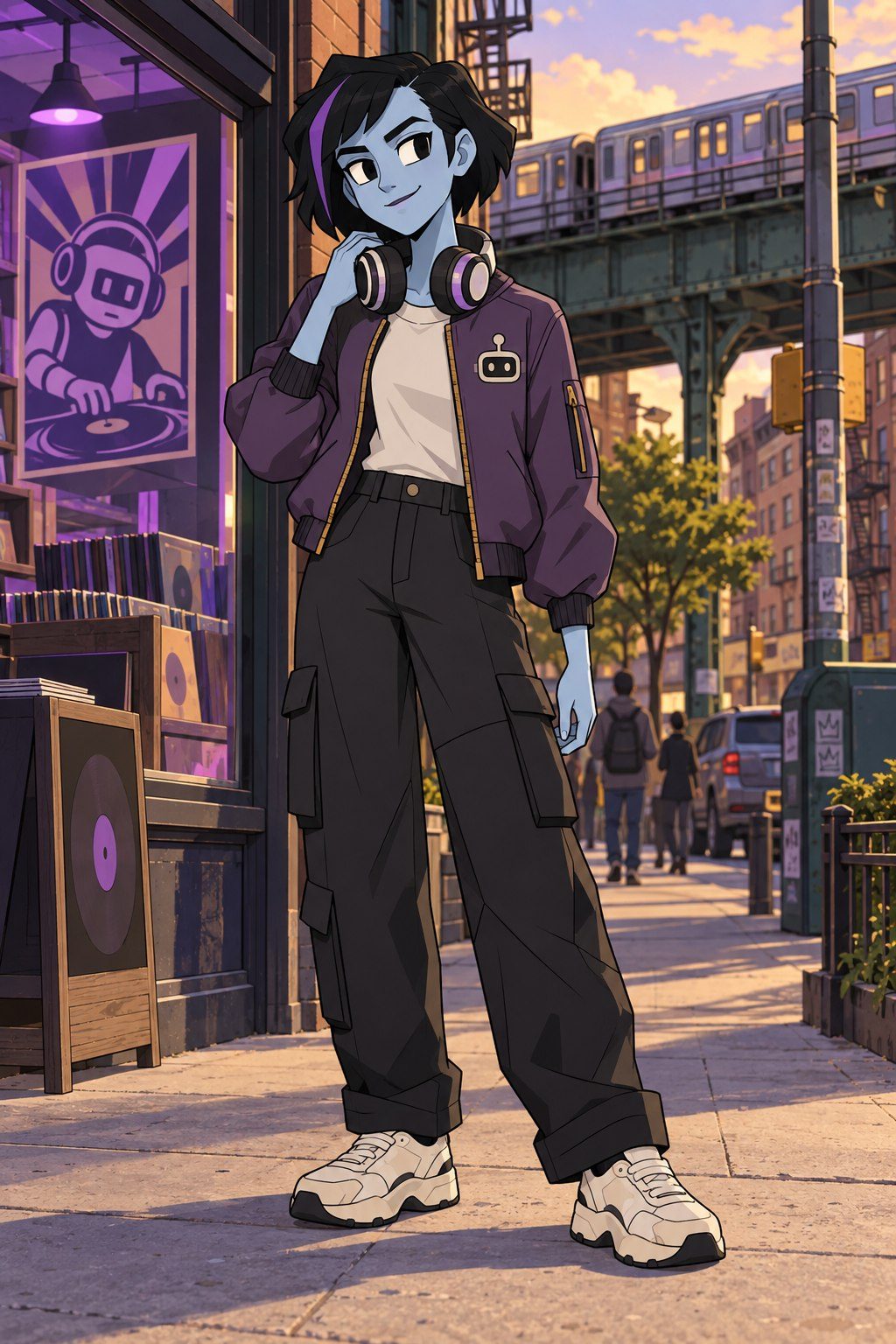 A blue-skinned animated character in a purple bomber jacket and headphones standing outside a record shop beneath an elevated train at dusk.